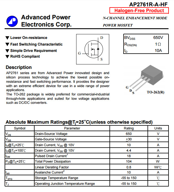 APEC AP2761R-A MOS管 TO-262(R)封装中的N/P沟道场效应管详解